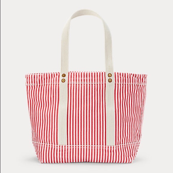NWT POLO RALPH LAUREN Canvas Striped Med Tote Red - Picture 3 of 8